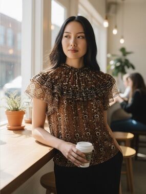 Ulla Johnson Brown Floral Ruffled Yoke Blouse
